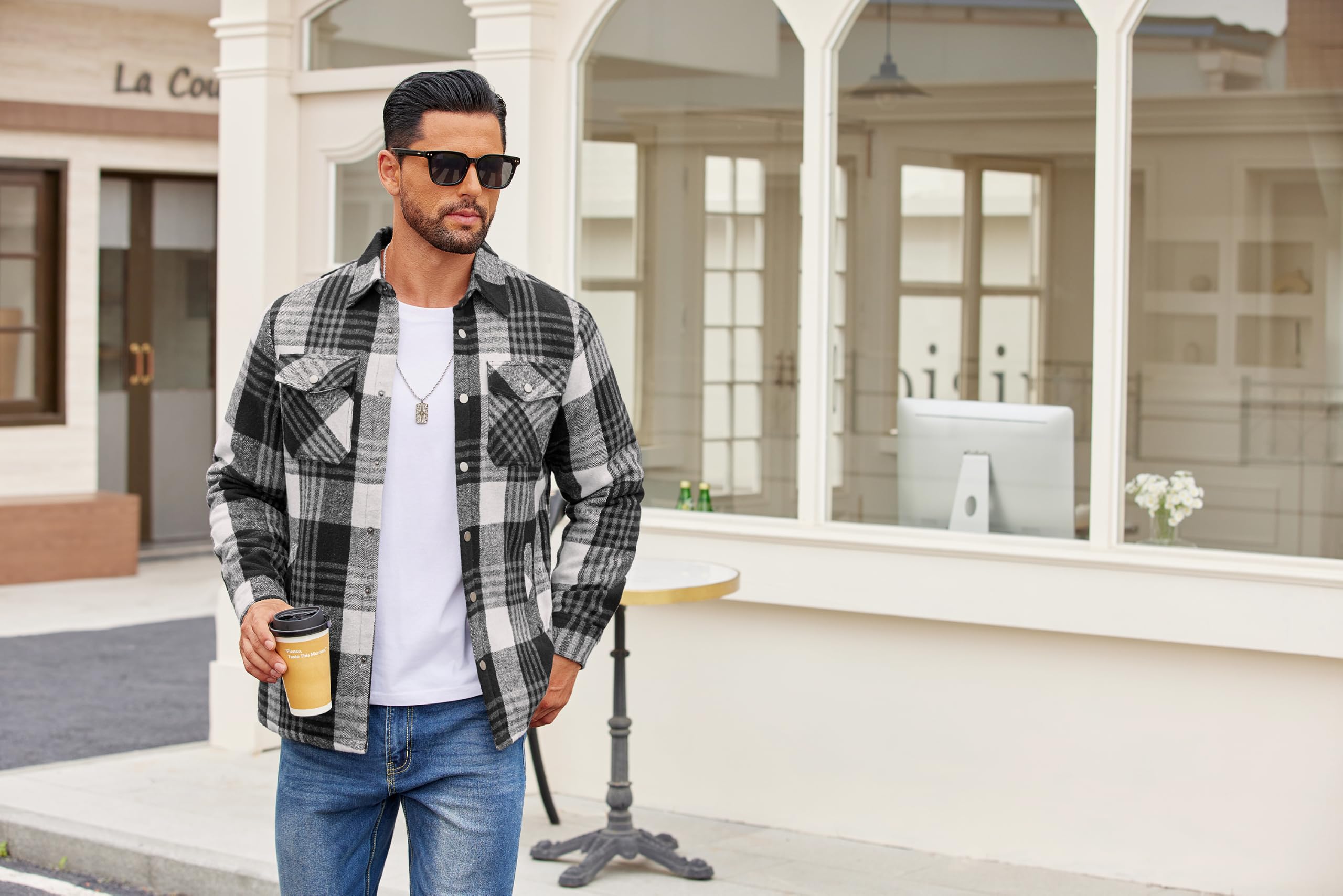 COOFANDY Camicia da uomo a maniche lunghe con motivo a quadri, foderata, modello invernale, camicia da boscaiolo nera, bianca e grigia, XL