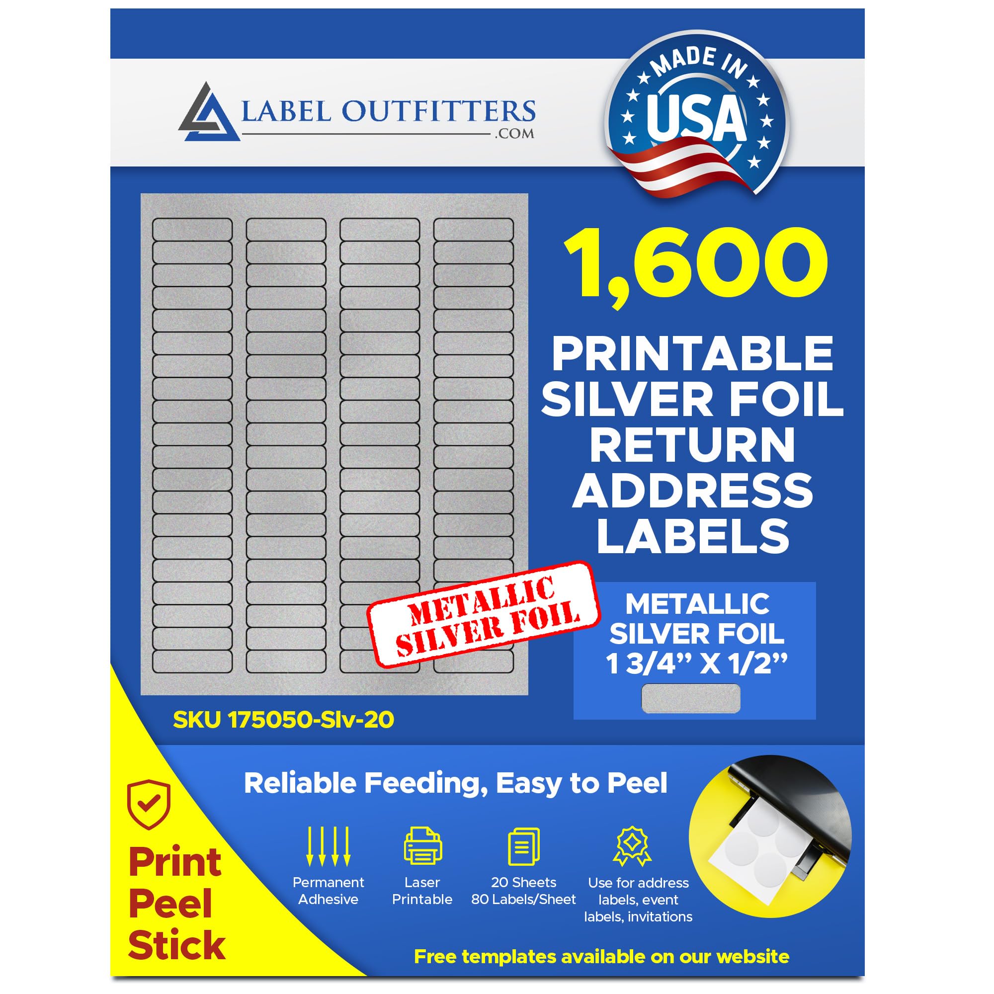 1,600 Label Outfitters 1.75” x .5” Metallic Silver Foil Laser Permanent Adhesive Return Address Labels – 20 Sheets