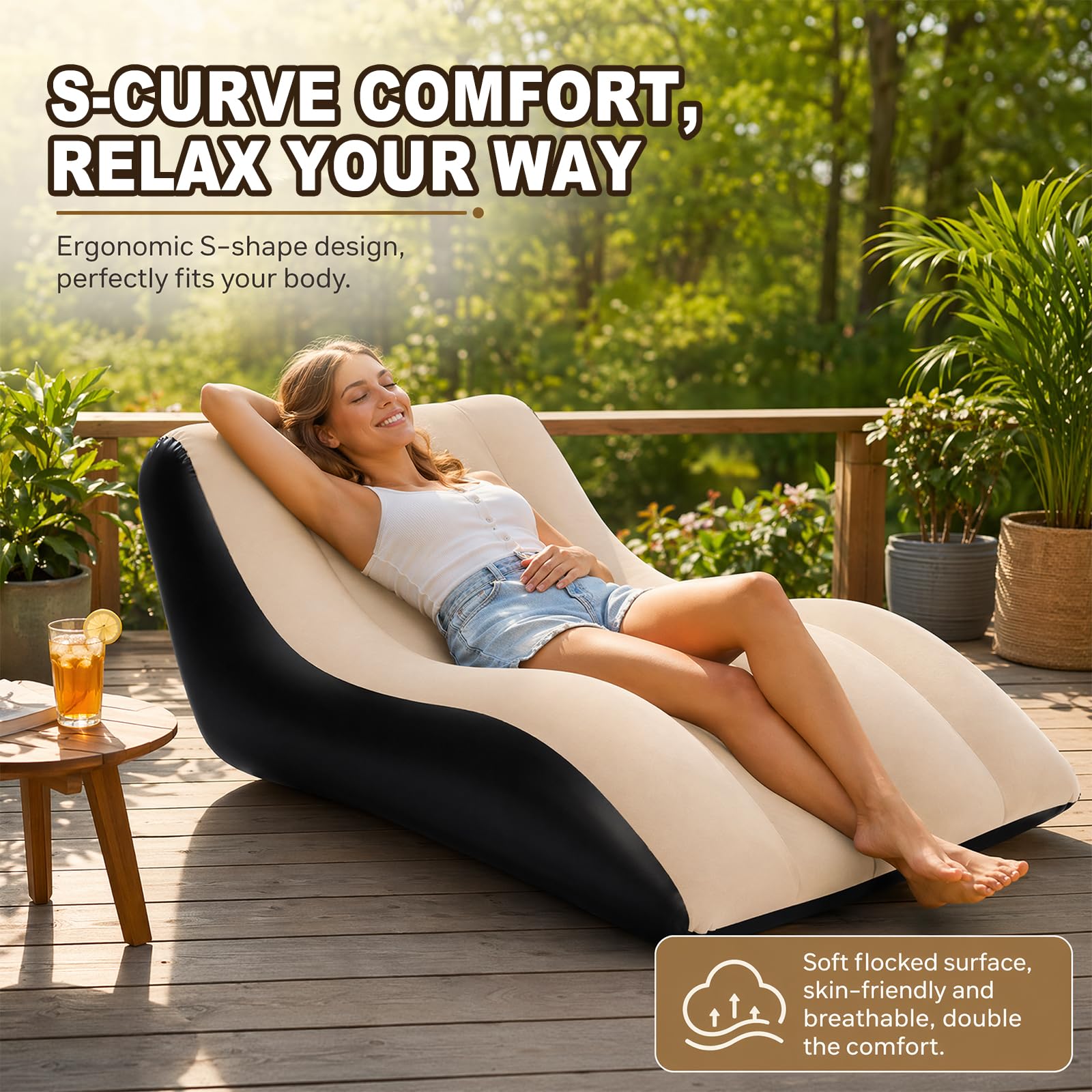 RANJIMA Aufblasbares Sofa, Aufblasbare Liege, Aufblasbar Liegestuhl mit Luftpumpe, Wasserdichtes Aufblasbare Couch Camping Luftsofa mit Plüschbezug für Camping,Strand,Wohnzimmer, bis 300 kg, 155x86cm