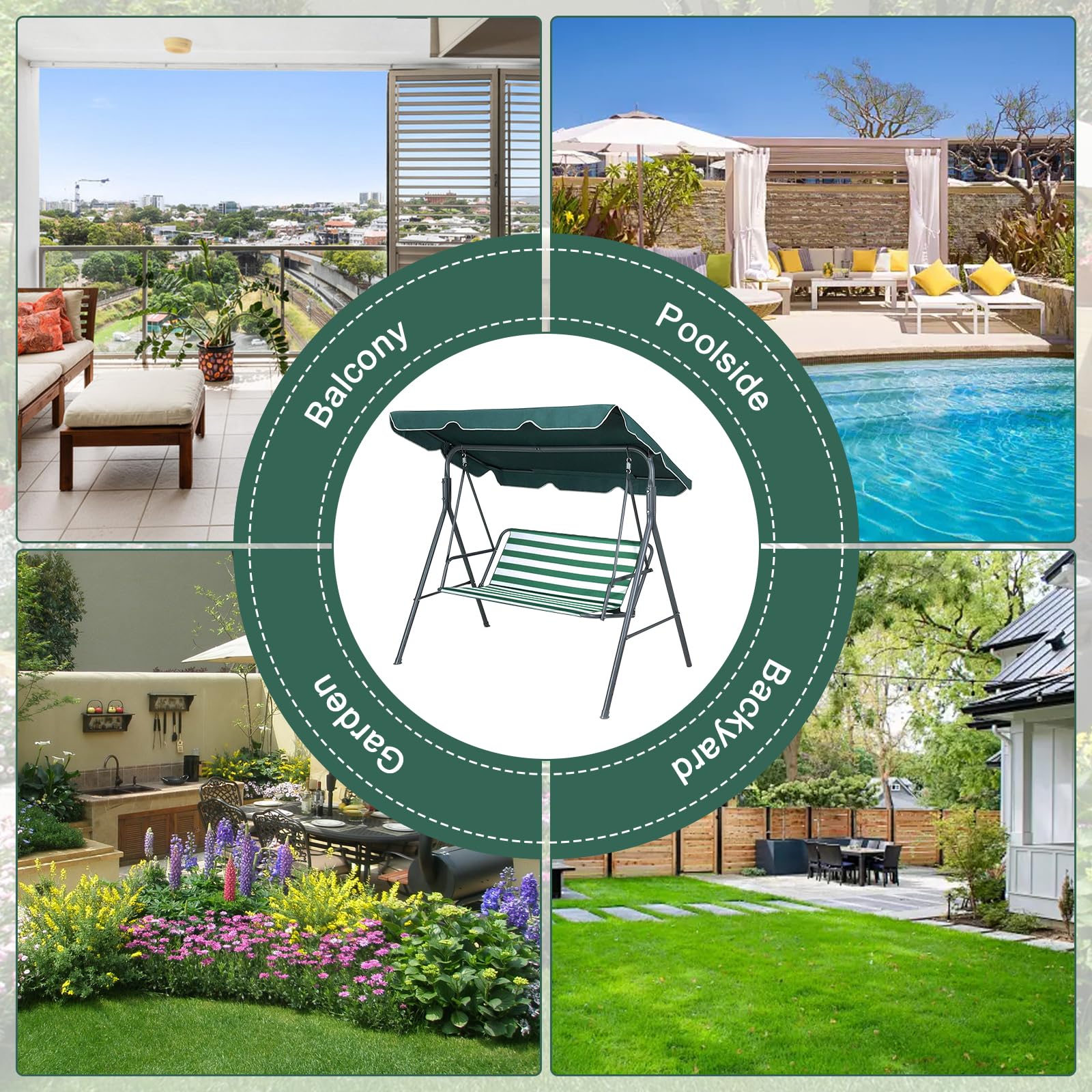 WingFly Funda de Asiento de Jardín para Columpio de Jardín, para Silla Mecedora de Jardín, Fundas para Silla de Jardín, 2 y 3 Plazas Rayas Horizontales Verde (158 * 52 * 52cm)