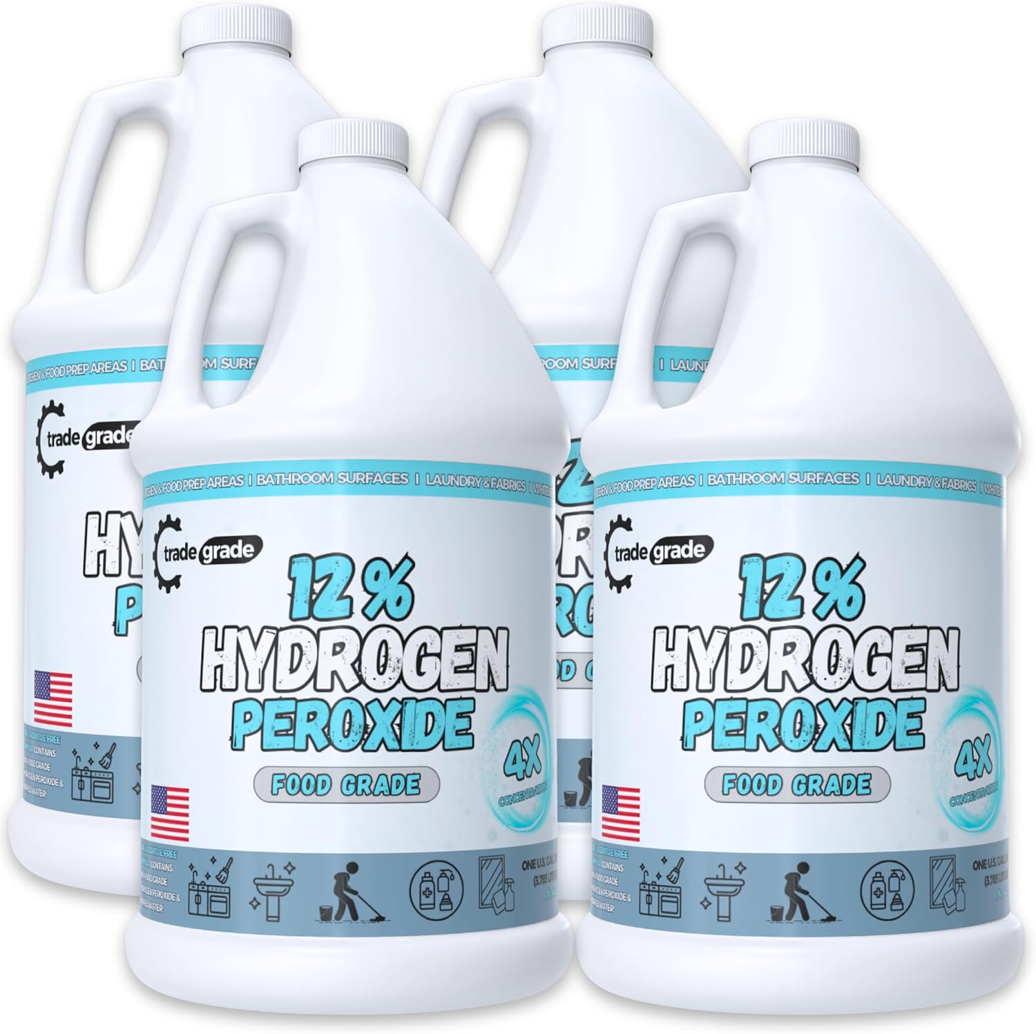 TradeGrade 12% Food Grade Hydrogen Peroxide H202 – Powerful 4X Concentrate | Multipurpose Cleaner for Home, Kitchen, Laundry & More (4 Gallons)