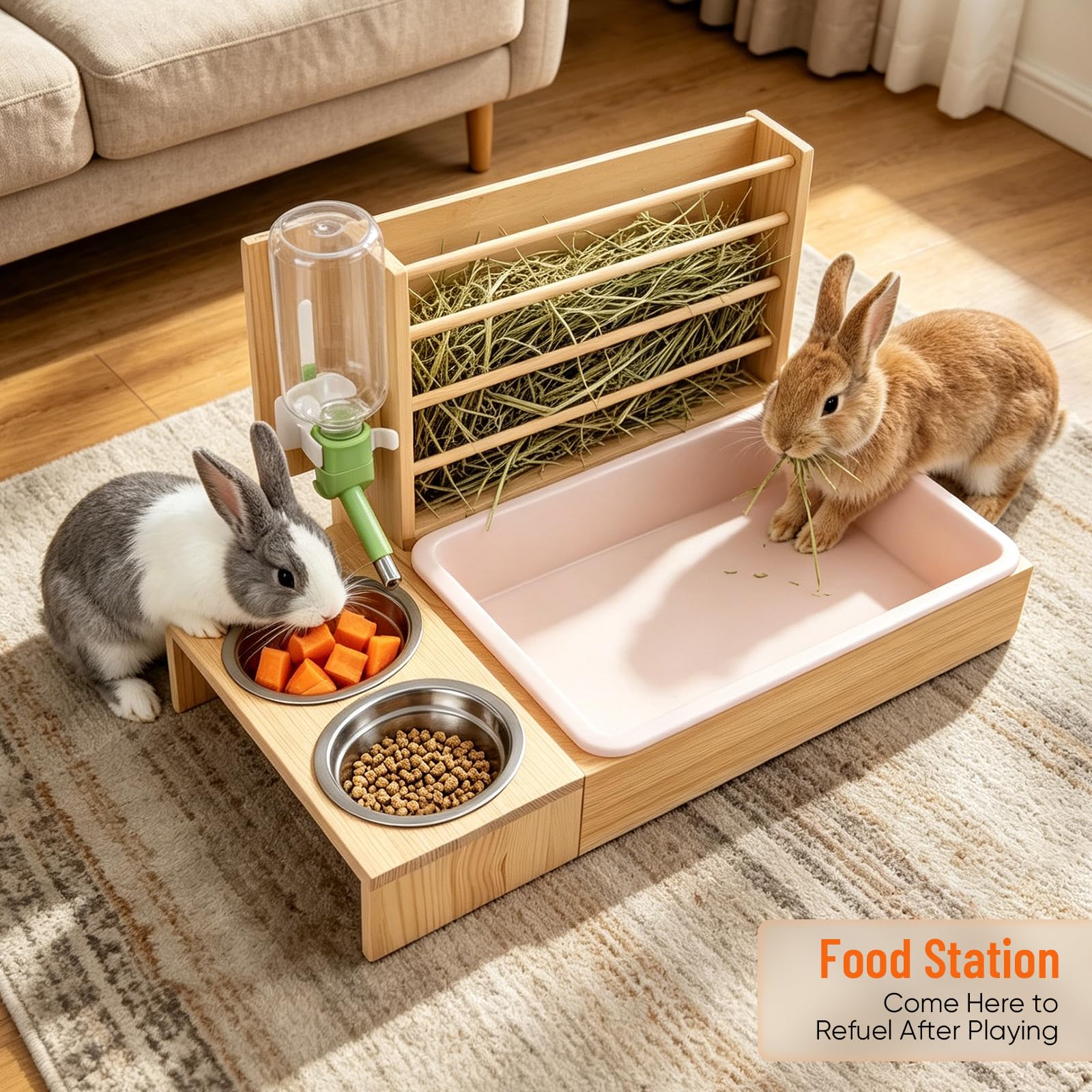 Râtelier à Foin 4-en-1 pour Lapins, Station d'alimentation | Distributeur foin amovible pour cochons d'Inde avec bac à litière, 2 gamelles et biberon Mangeoire bois pour petits animaux