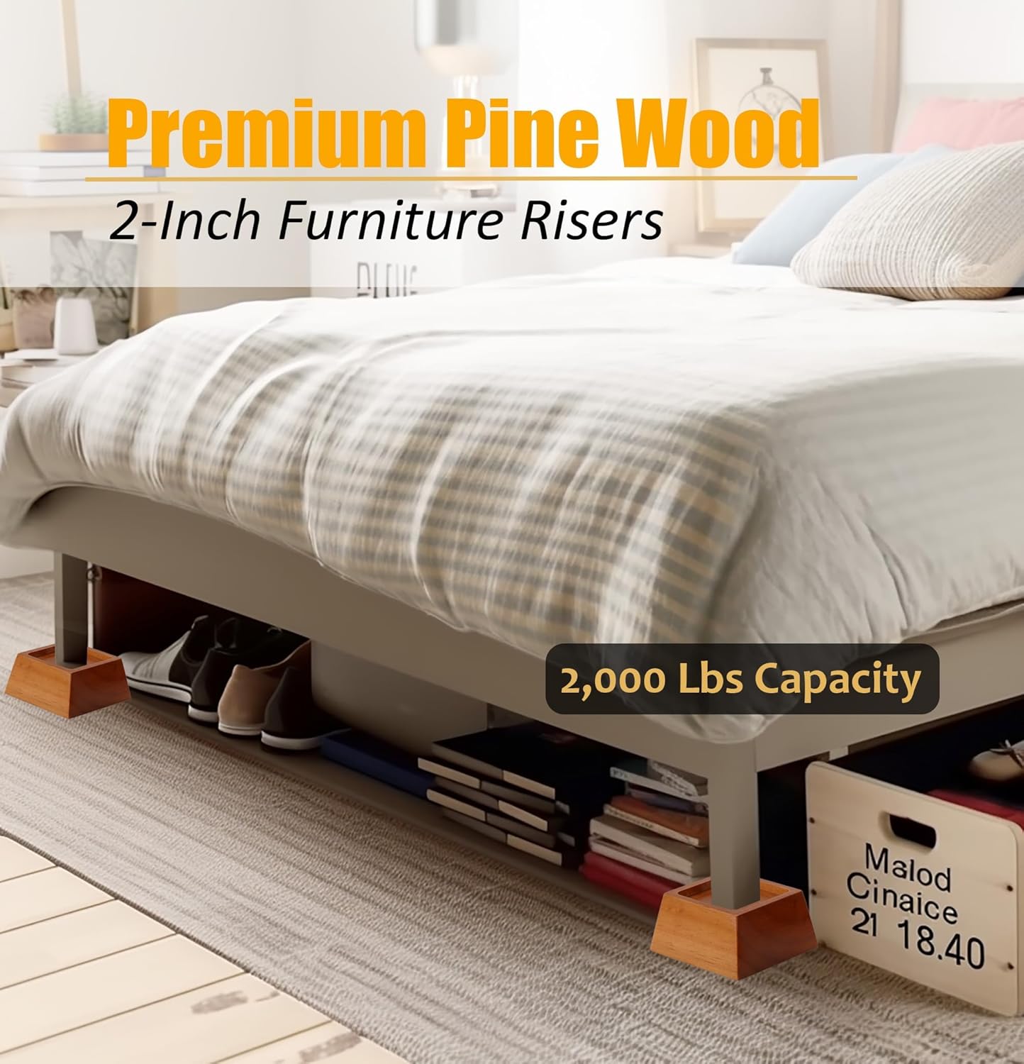 Premium Pine Wood 2-Inch Furniture Risers – Heavy-Duty, 2000 Lb Capacity, Floor Protectors, Easy to Install, Versatile for Beds, Sofas, & More
