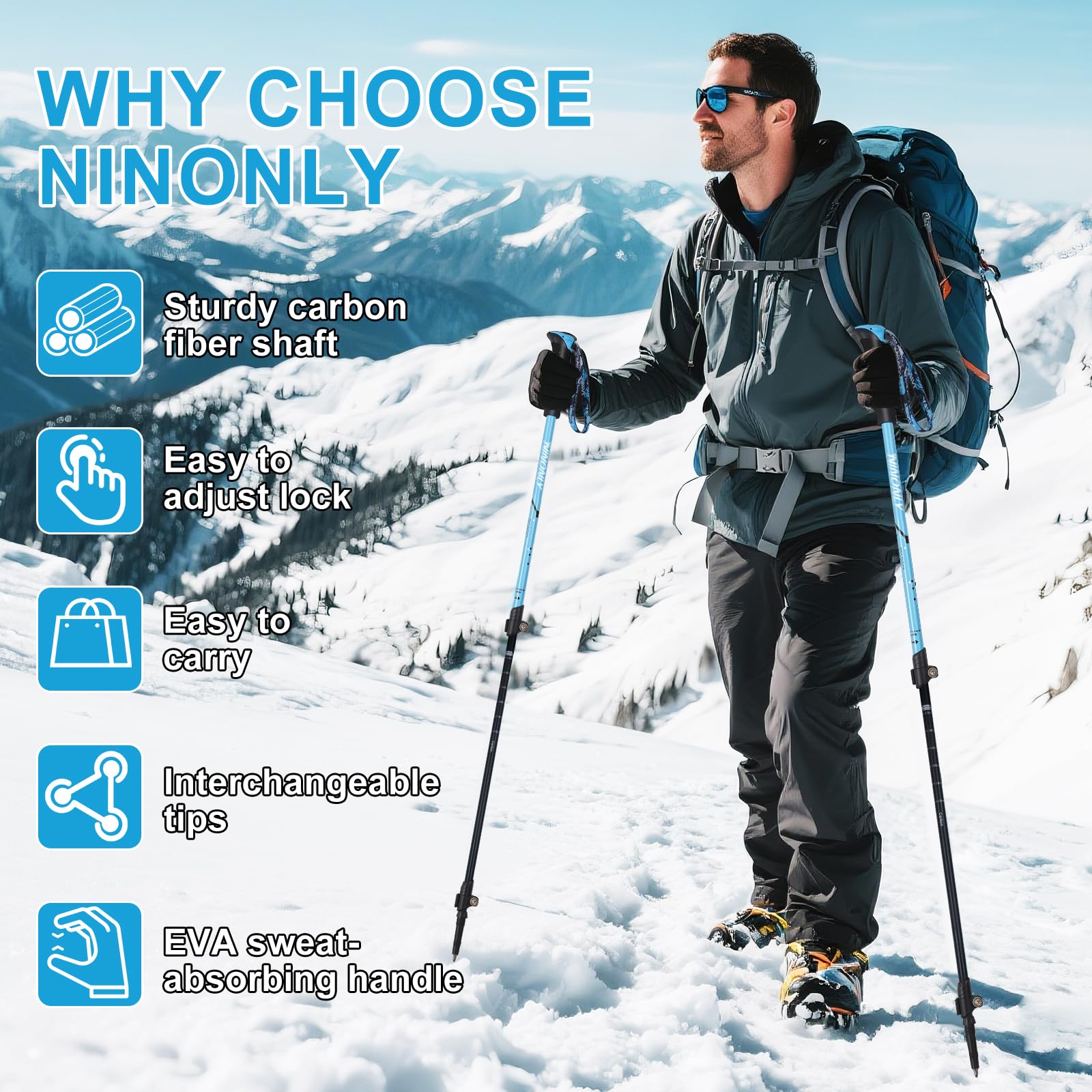 Ninonly Bâton de Marche Télescopique Carbone, Bâtons de Randonnée Nordique pour Hommes & Femmes, Ultralégers avec Poignée EVA et 3 Pointes, 150kg pour Trekking et Sports de Montagne