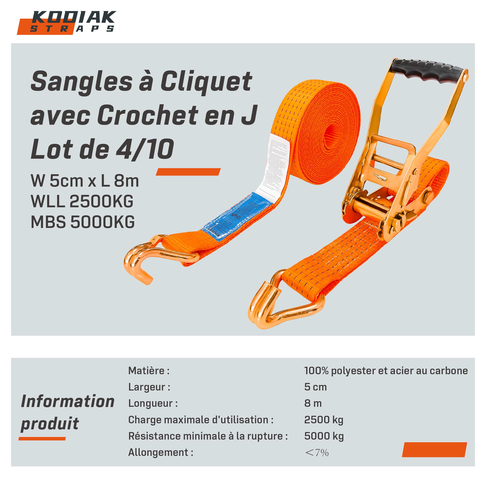 4 Lots de Sangles à Cliquet 8m x 5000kg avec Crochets - Sangles d'Arrimage 50mm Orange pour la Sécurisation des Chargements - Certifié TÜV/GS DIN en 12195-2 - KODIAK STRAPS