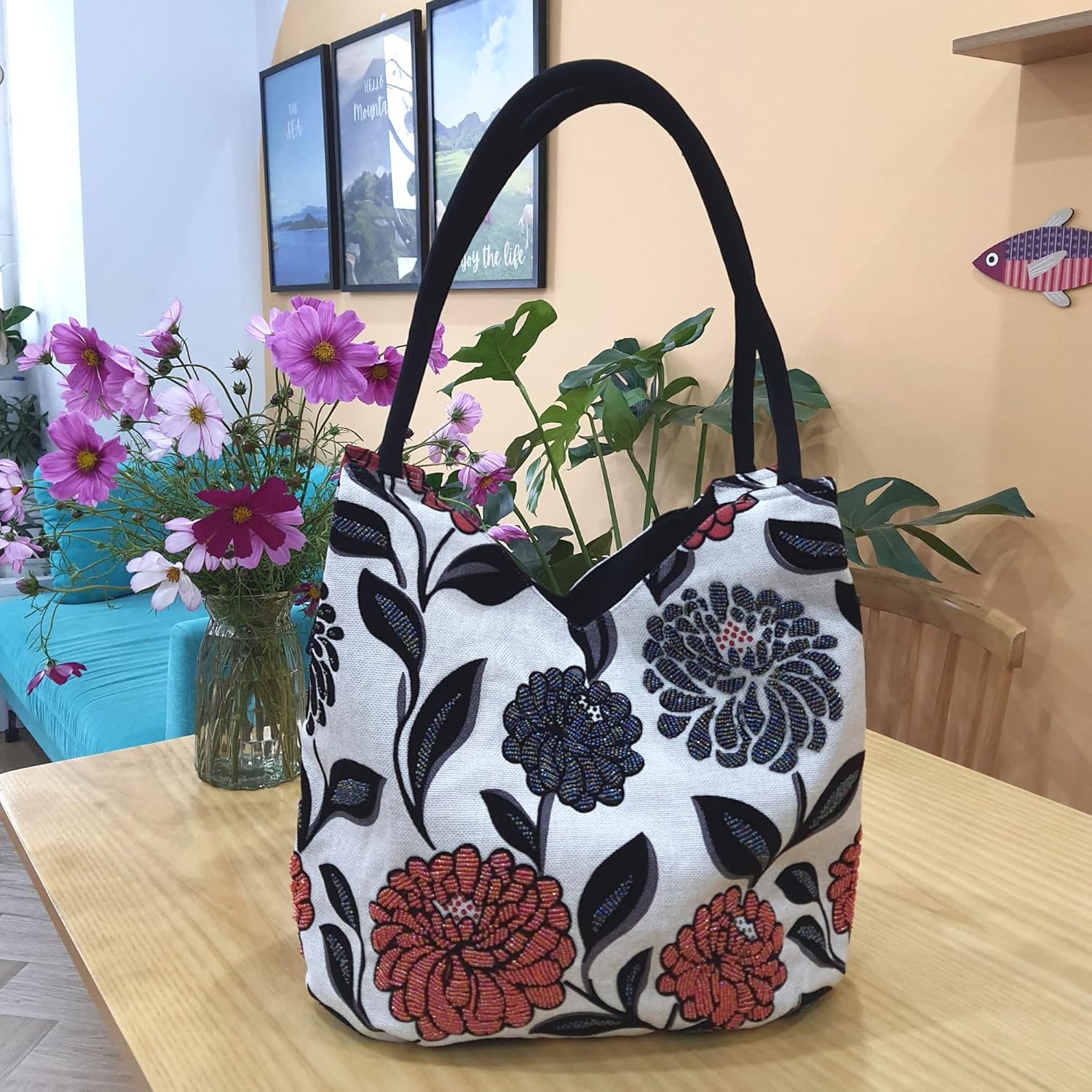 HCRAFT Embroidered Handbags for Women, Large Beads Flower Shoulder Tote Bag with Zipper Fabric Hobo Bags, Mother's Day Bag - Image 2