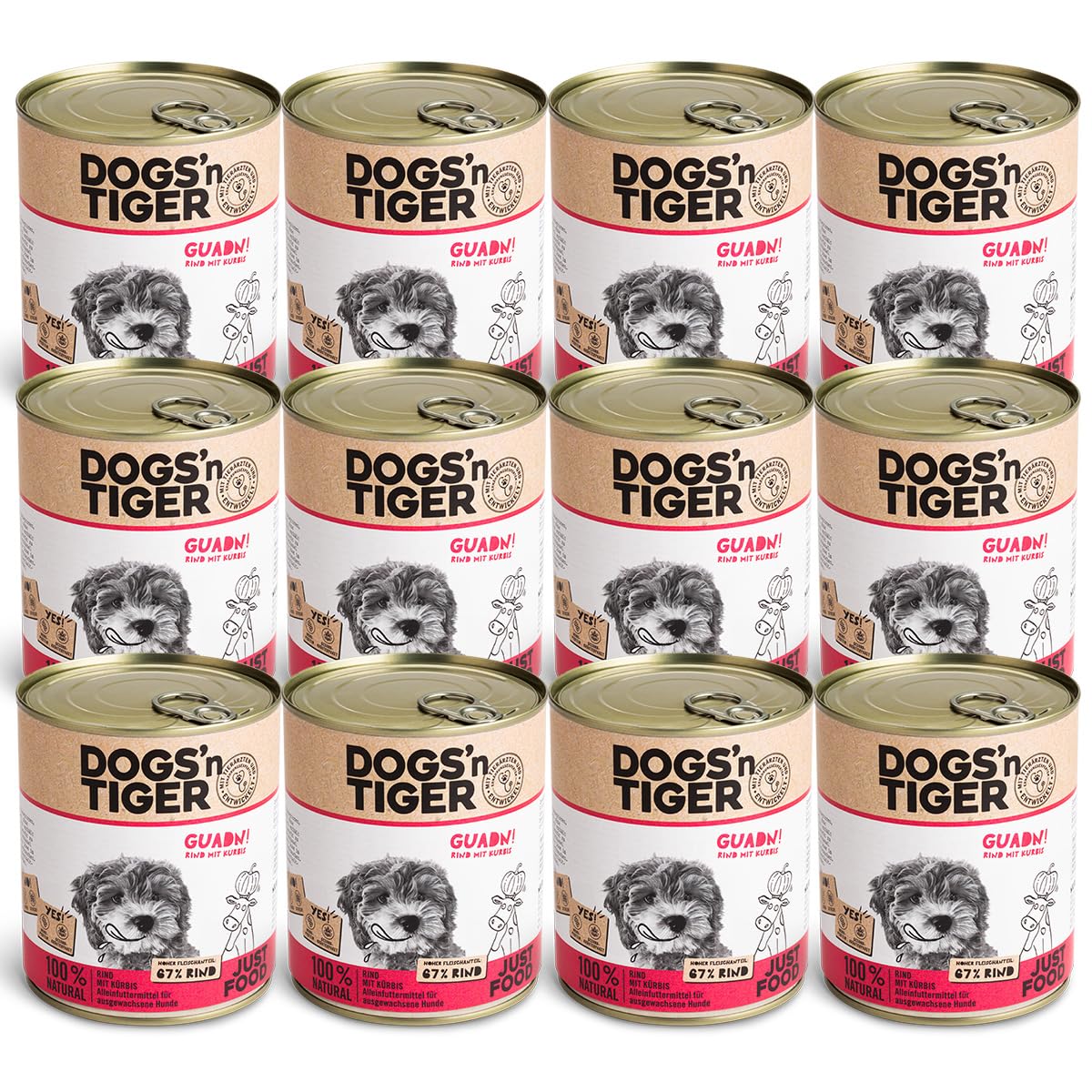 Dogs'n Tiger Adult Premium cibo per cani Guadn, cibo umido, ricetta adatta agli animali con 67% di carne di manzo, olio di semi di lino ed erbe aromatiche, senza zucchero, cereali e aromi artificiali,