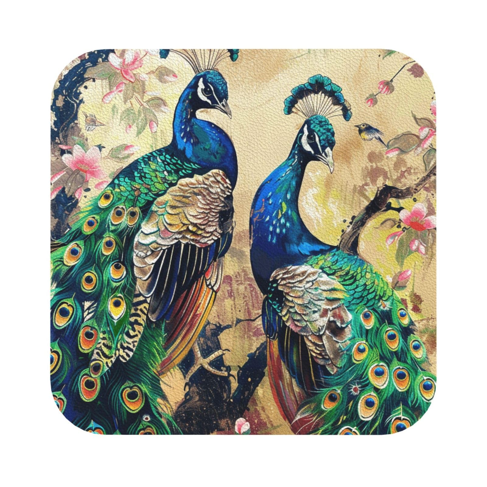 Peacocks Print Leather Coaster Set of 6, Square Coasters Table Decorative Coffee Cup Beverage Coasters Wine Beer Bar Coasters for Hot Drinks Table Protection