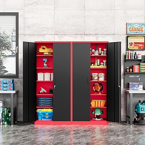 Miniatura 24 de Armario de almacenamiento de metal de 71 pulgadas con cerradura, resistente, gabinetes de herramientas de garaje con puertas y estantes, gabinete