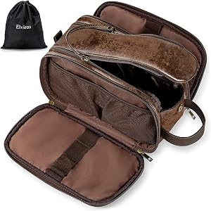 Elviros Toiletry Bag for Men, PU Leather Travel Dopp Kit (Chocolate, Small) | Large-capacity organizer for toiletries, shaving essentials, and grooming accessories, keeping travel items neatly stored