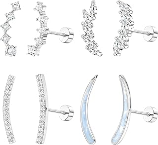 4 Pairs 16G Stainless Steel Cartilage Earrings Ear Climbers Earrings for Women Gold Helix Crawler Earrings Stud Opal CZ Helix Conch Piercing Jewelry Flat Back Earrings for Upper Ear Cartilage