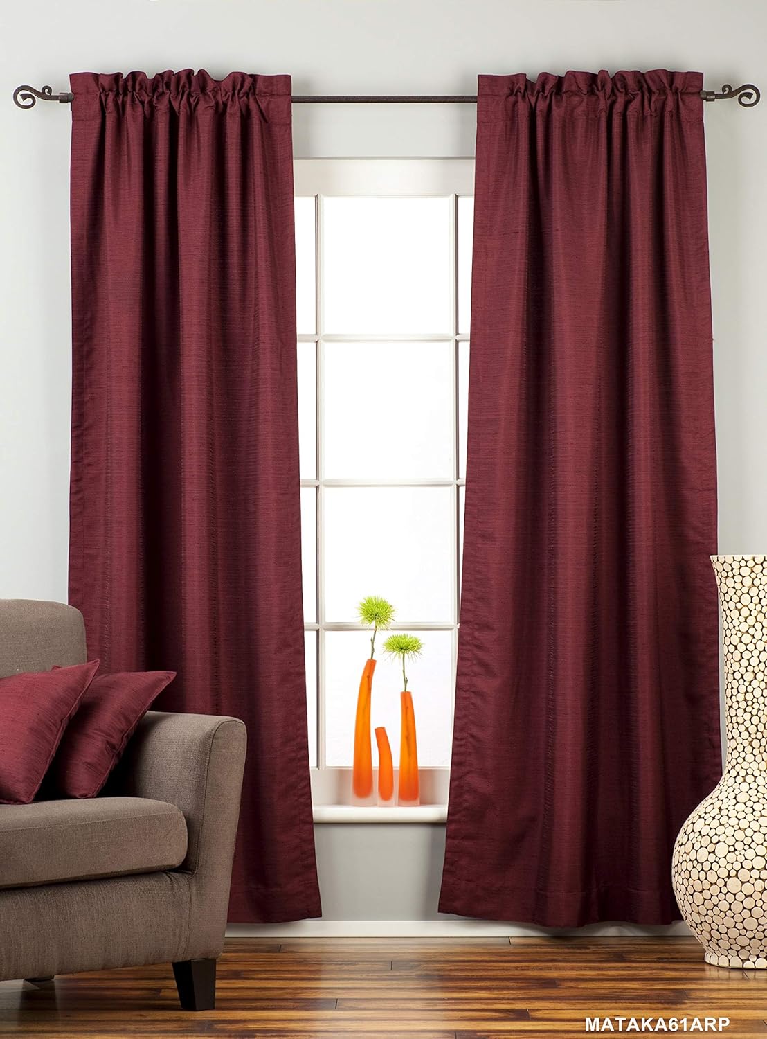 Indian Selections Dark Maroon Rod Pocket Matka Raw Silk Curtain/Drape - 60W x 84L - Piece