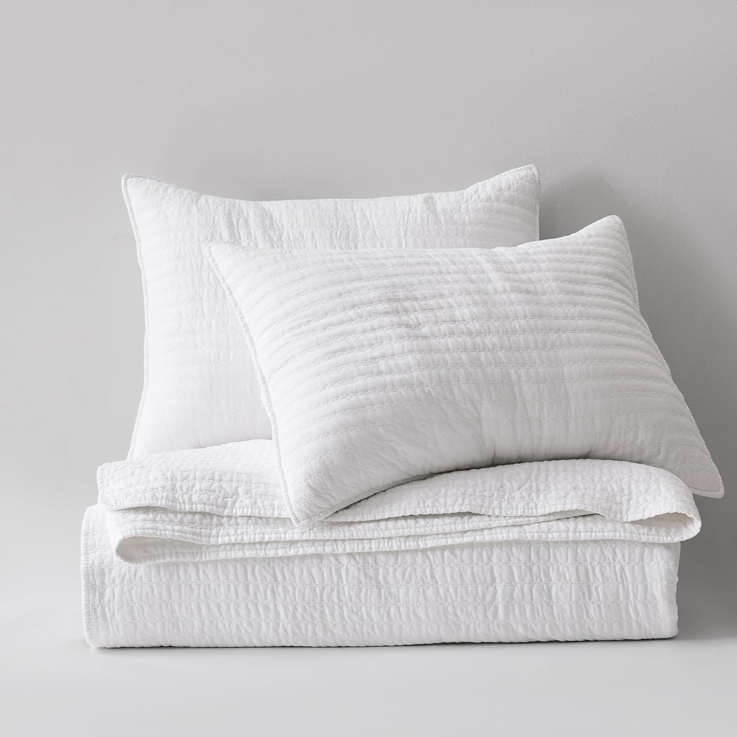 WDCOZY 100% Cotton King Size Quilt Set - White Striped Pick Stitch Soft Lightweight Bedspread, Textured Like Linen, Farmhouse Country Rustic Coverlet, Shabby Chic Gauze Bedding, 3 Pieces - Image 7