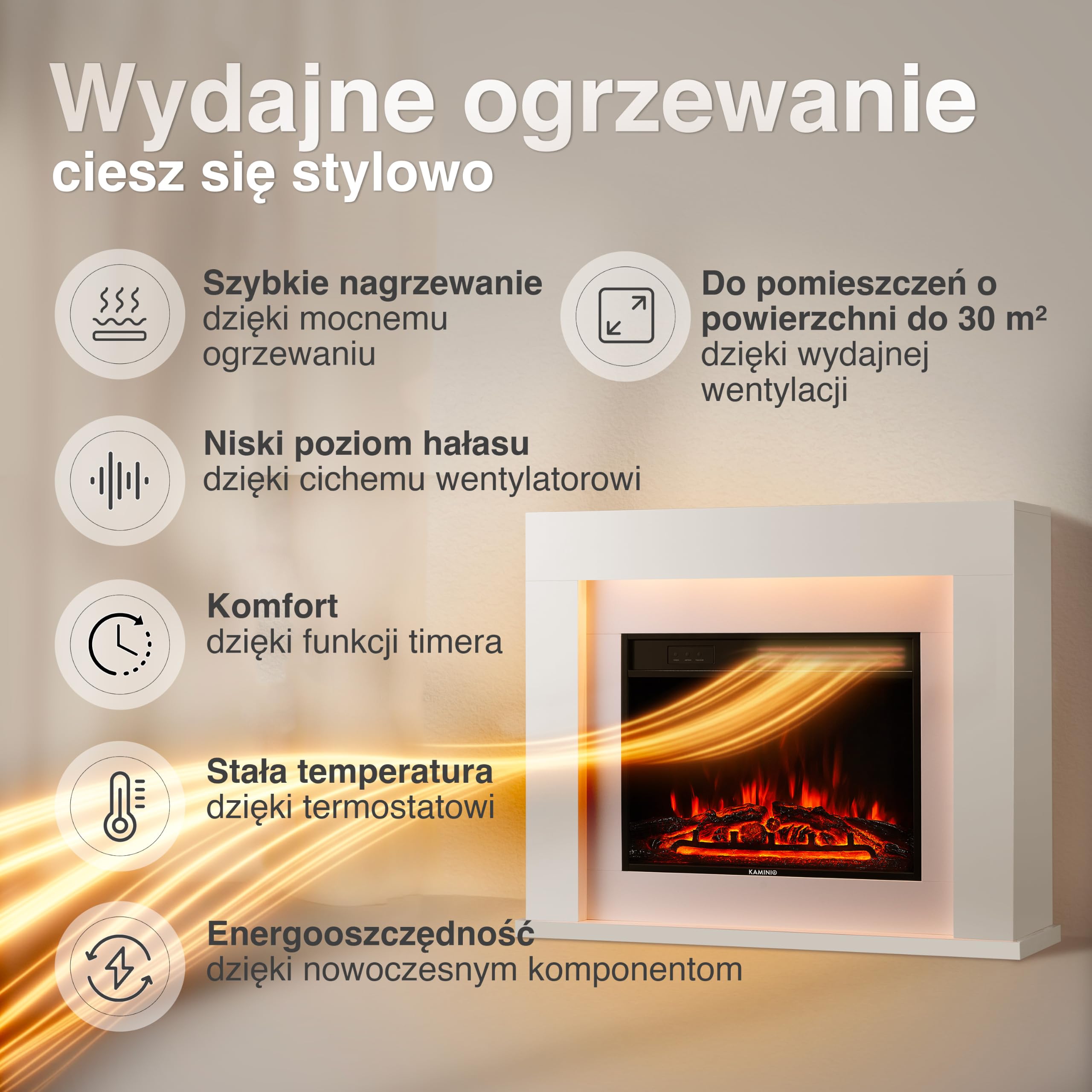 KAMINIO Kominek elektryczny MATTI – elektryczny kominek stojący z ogrzewaniem, efekt płomienia 3D, Oświetlenie otoczenia LED, pilot zdalnego sterowania, biały