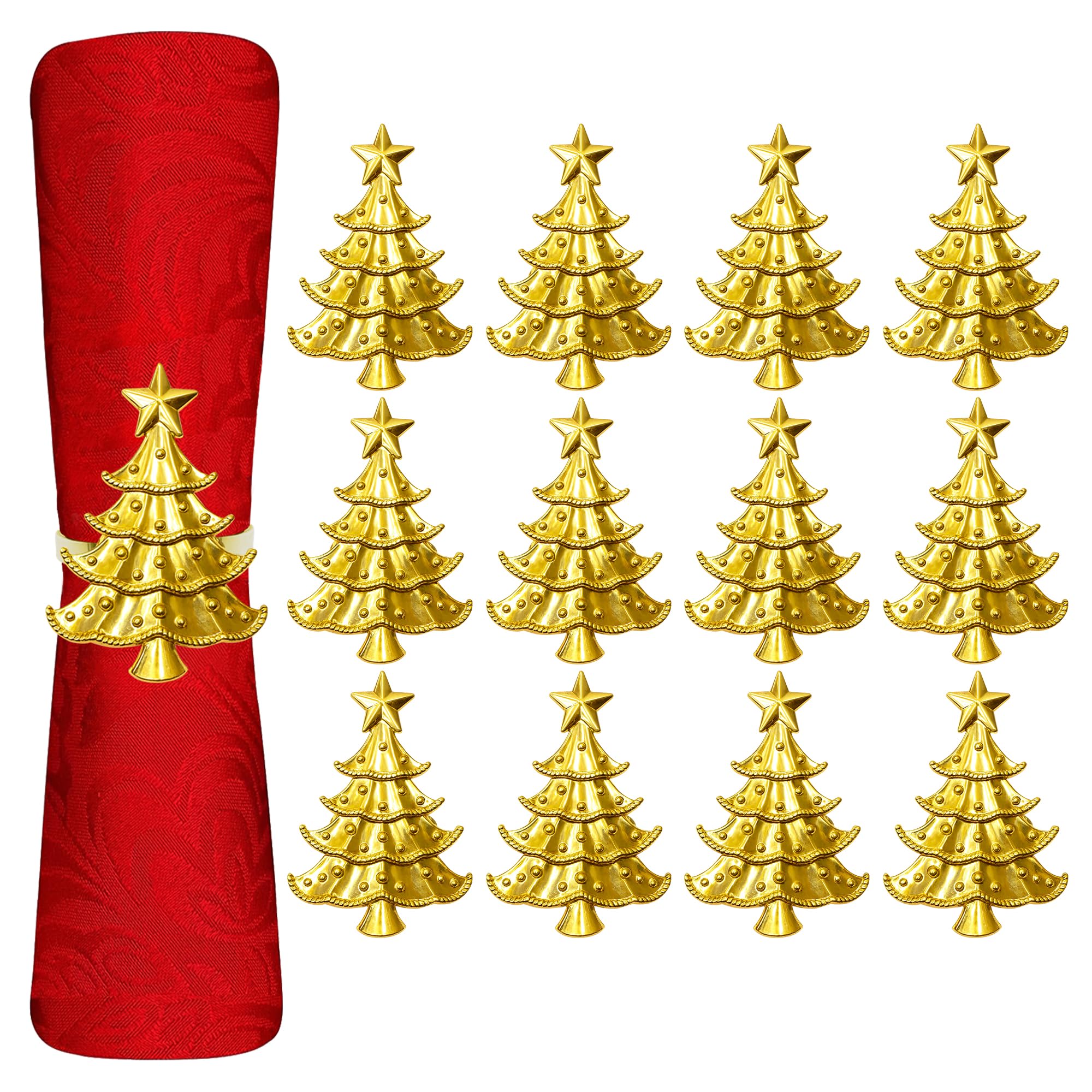 Trimming Shop Tree Design Napkin Rings, Star Topped Christmas Tree Napkin Holder, Xmas Serviettes for Christmas Dinner Table Decoration, New Year, Parties, Gold - Pack of 12