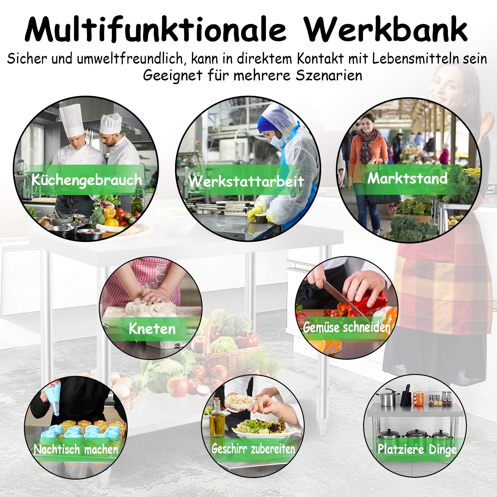 Froadp 120x60x85cm Edelstahl Arbeitstische für Lebensmittelzubereitung Küche Tisch mit Faden Verstellbare Fuß & Ablagefläche Multifunktionale Gastro Zubereitungstisch Grilltisch mit Aufkantung