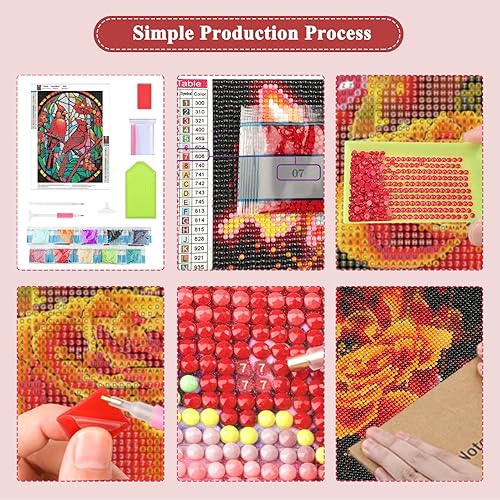 Miniatura 5 de Lxmsja 5D Redbird - Kit de pintura de diamantes de vidrio manchado para adultos principiantes, kit de arte de diamantes de imitación, kit de arte de