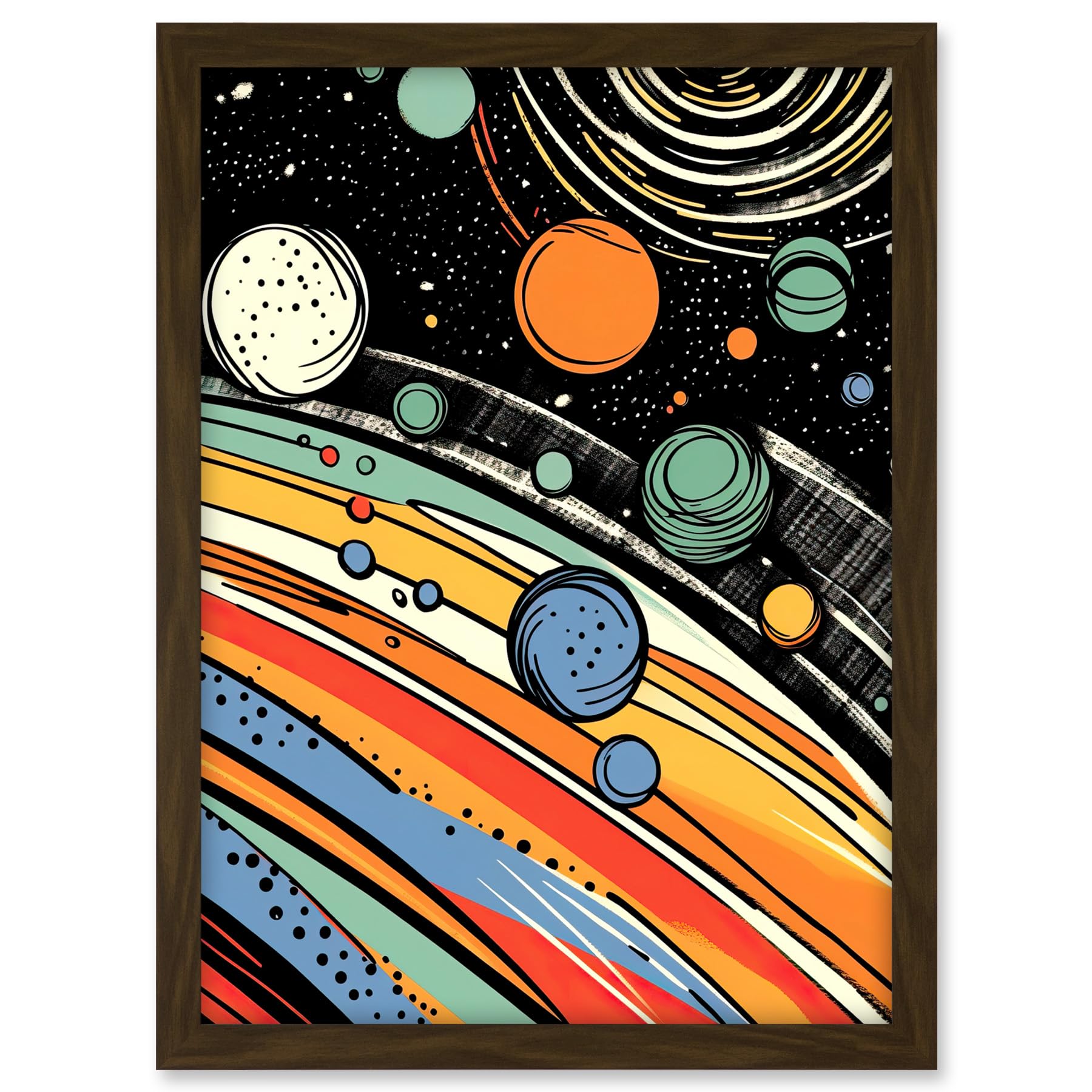Artery8 Outer Space Comic Book Style Pastel Colour Milky Way Planets Rings Moons Sun Boys Room Artwork Framed A3 Wall Art Print