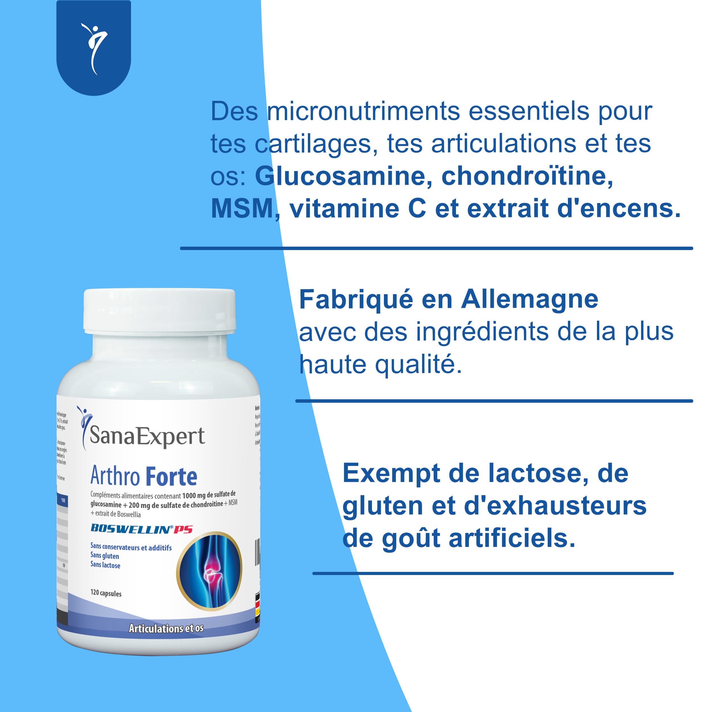 SanaExpert Arthro Forte | Support Naturel pour les Articulations et les Os | avec MSM, Sulfate de Glucosamine, Chondroïtine | 120 Capsules | Ingrédients 100% Naturels | Fabriqué en Allemagne