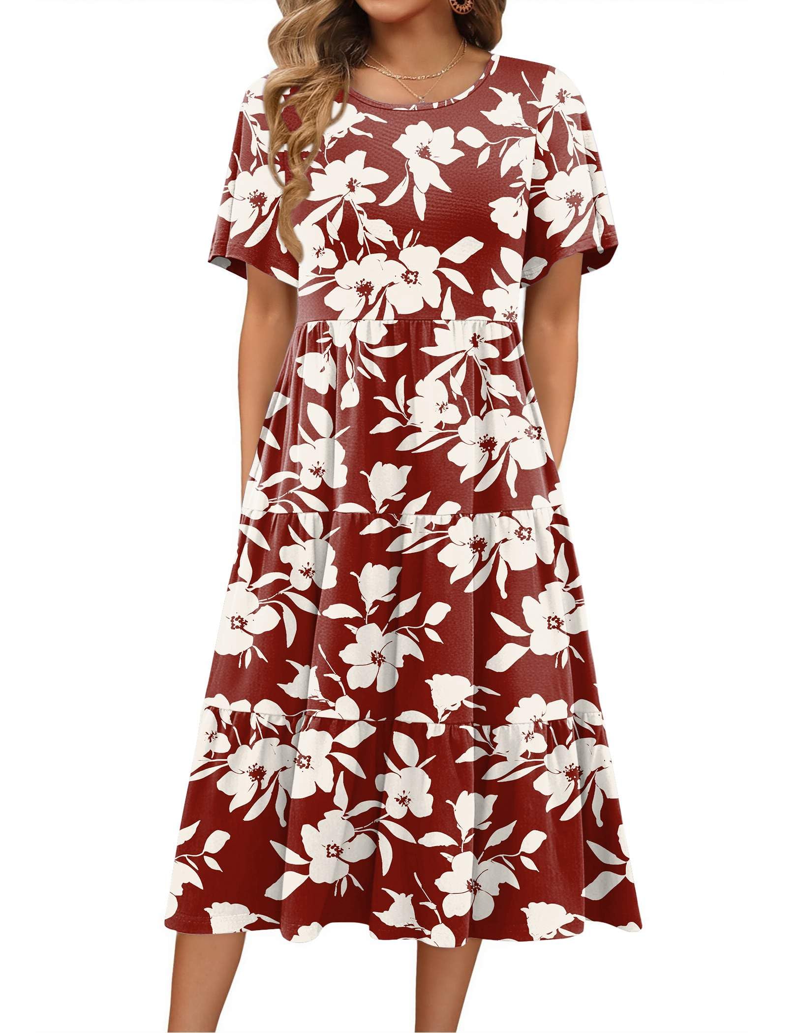 Photo 1 of Zeagoo Women's 2025 Dresses Casual Summer Tiered Midi Dress Flutter Short Sleeve Boho Sundress with Pockets - XXL