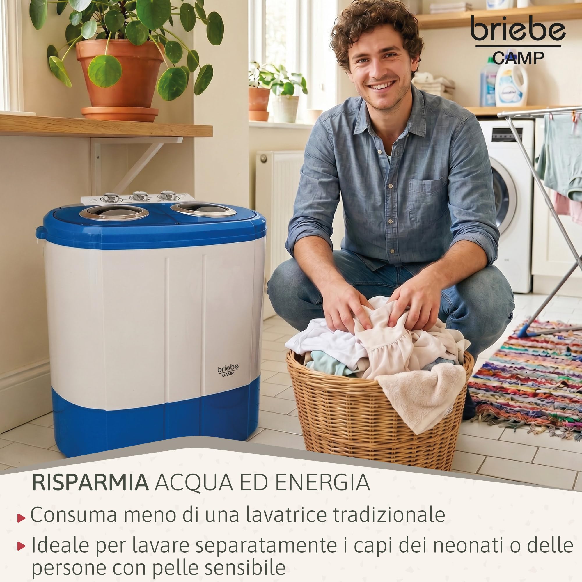 briebe Camp - Mini Lavatrice Portatile con Centrifuga, Campeggio, Capacità 3 kg, Ideale per Viaggi, Roulotte, Camper, 2 Scomparti, Caricamento dall'alto, Nessuna installazione, Blu/Bianco