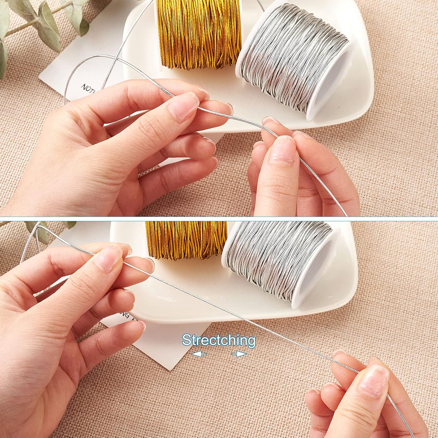 Round Elastic Cord Craftdady 4 Rolls 1mm Jewelry String Gold Silver Polyester Stretch Tinsel Cords Metallic Beading Threads for Jewelry Crafts Making Wrapping, 27 Yards/Roll