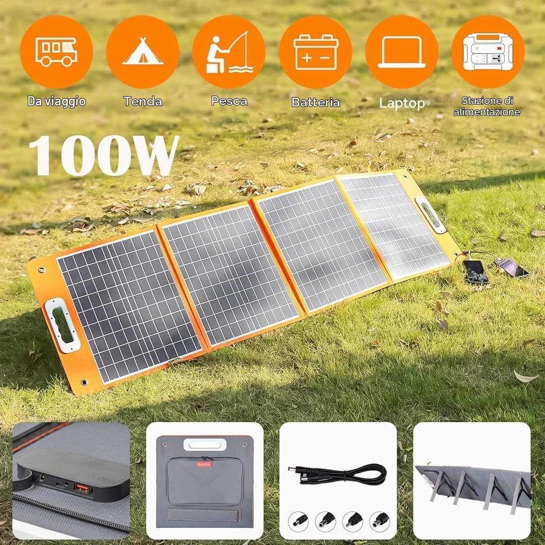 Pannello solare pieghevole 100 W 18 V pannello solare flessibile, pannello solare portatile, monocristallino, impianto solare completo con tipo C QC3.0, per roulotte, campeggio, balcone, casette da