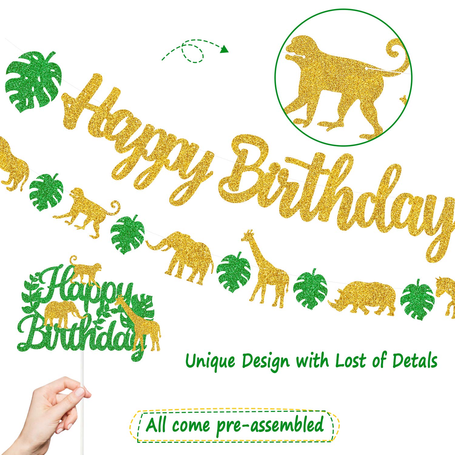 Safari Jungle Animal Birthday Banner and Cake Topper Summer Safari Wild Themed for Kids Birthday Party Supplies Decorations