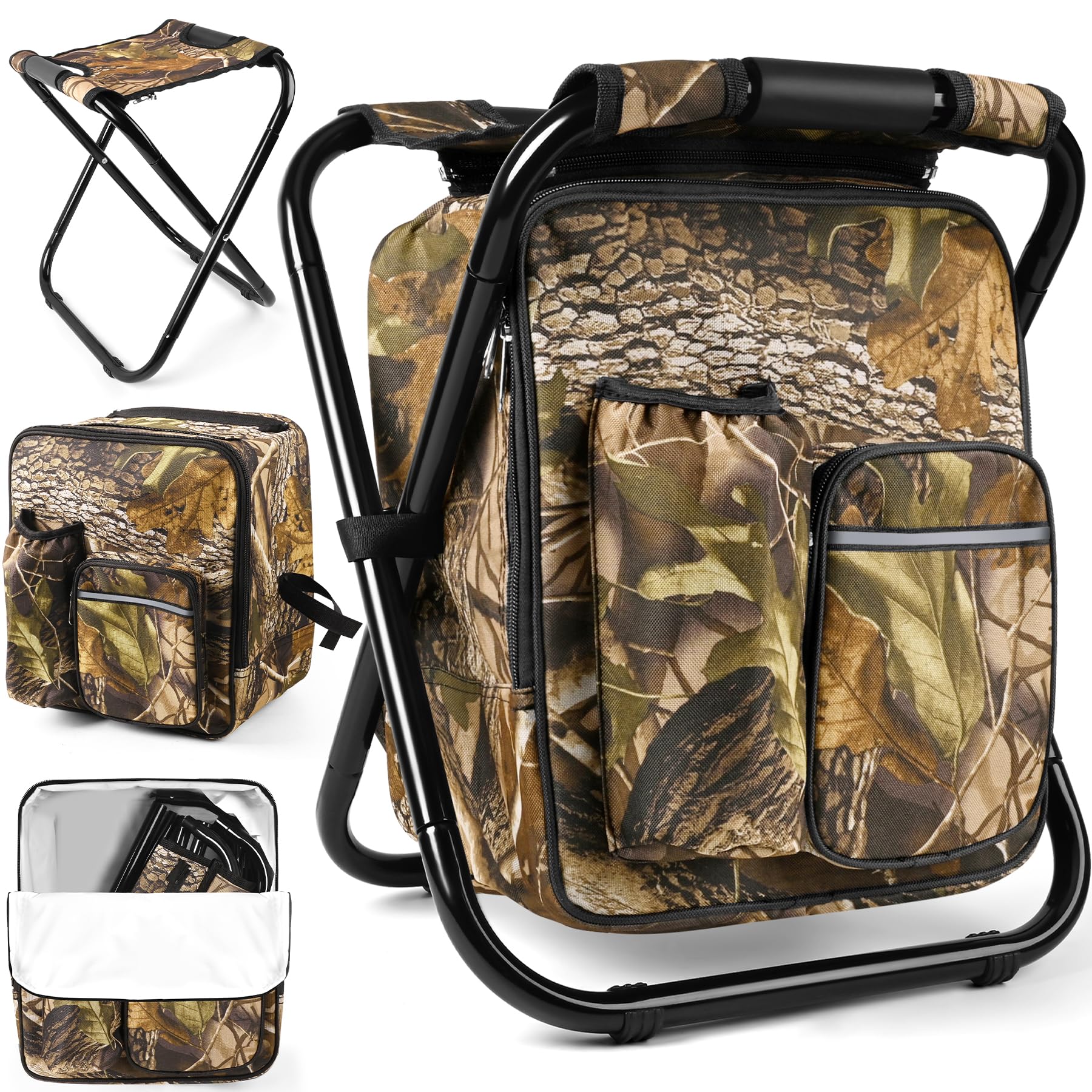 Kikerike Backpack Stool Cooler Chair Heavy Duty 200 LBS Max Load Portable Lightweight Stool Backpack Folding Fishing Cooler Seat for Camping Hunting Fishing - Woodland