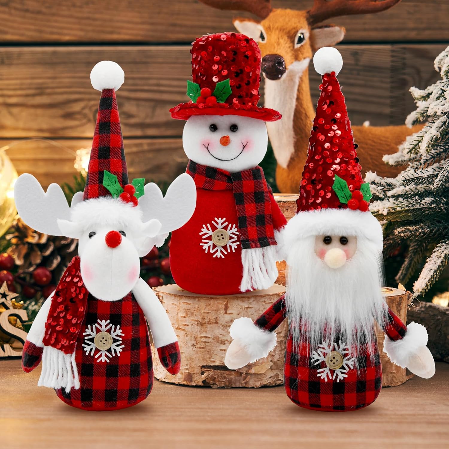 Red Buffalo Plaid Christmas Decorations Indoor- 3 Pcs Red Christmas Snowman & Santa & Reindeer Plush Tabletop Tiered Tray Decor Winter Gifts Red Buffalo Plaid Christmas Decorations Indoor- 3 Pcs Red Christmas Snowman & Santa & Reindeer Plush Tabletop Tiered Tray Decor Winter Gifts