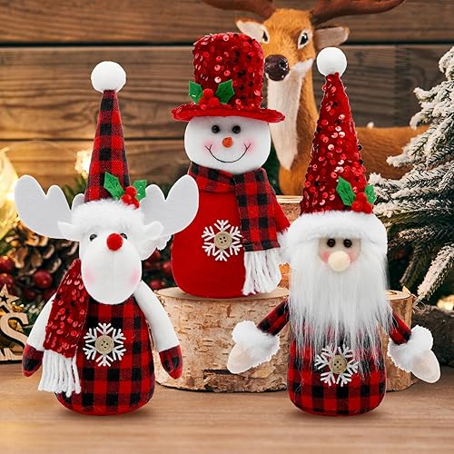 Decoraciones navideñas a cuadros rojos para interiores, paquete de 3 figuras de muñeco de nieve de peluche, Papá Noel y renos, adornos navideños de