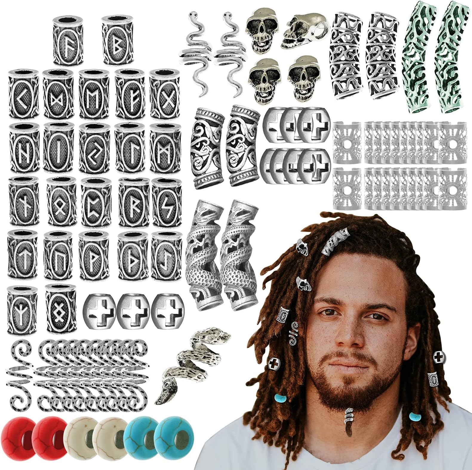 85Pcs Viking Norse Rune Beard Beads Ring Hair Braids Dreadlock Dreads Skull Snake Wolf Cross Turquoise Filigree Cuff Pirate Accessories Clips Pins Tube Locs Hair Extension Jewelry Vintage Silver