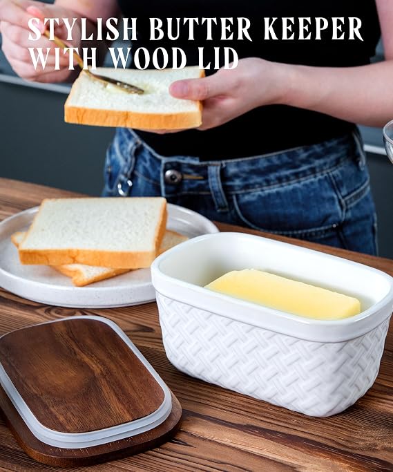 Nucookery Ceramic Butter Dish with Wood Lid for Countertop, Butter Keeper