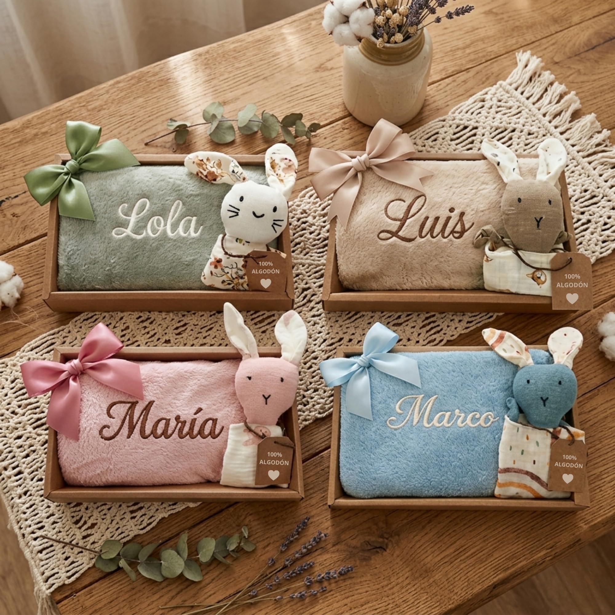 Manta Bebé Personalizada Nombre Bordado + Dou-Dou 100% Algodón - Fina y Ligera para Verano. Regalo Recién Nacido Niño Niña - Manta Suave y Peluche - Regalo Padres y Mamás Primerizas (Verde) — view 7
