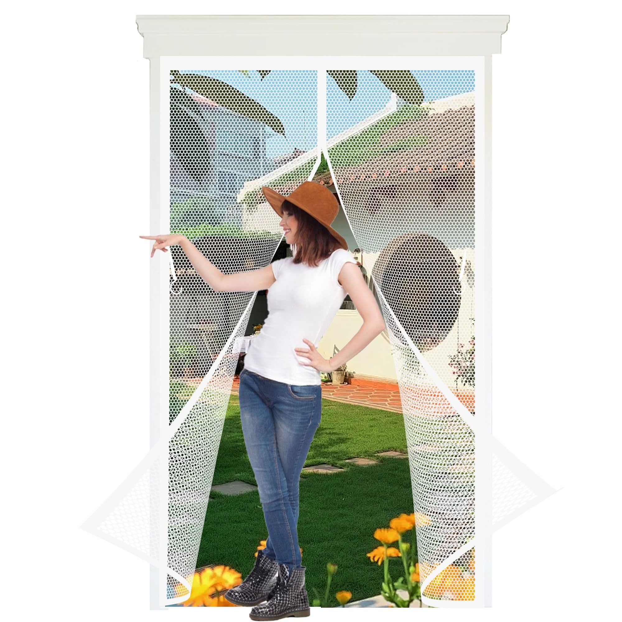Magnetic Fly Screen Door 138 x 153 cm Frame Hook & Loop, Powerful Magnets Magnetic Door Curtain Lets Fresh Air, Easy to Install for Keeping Out Flies, White