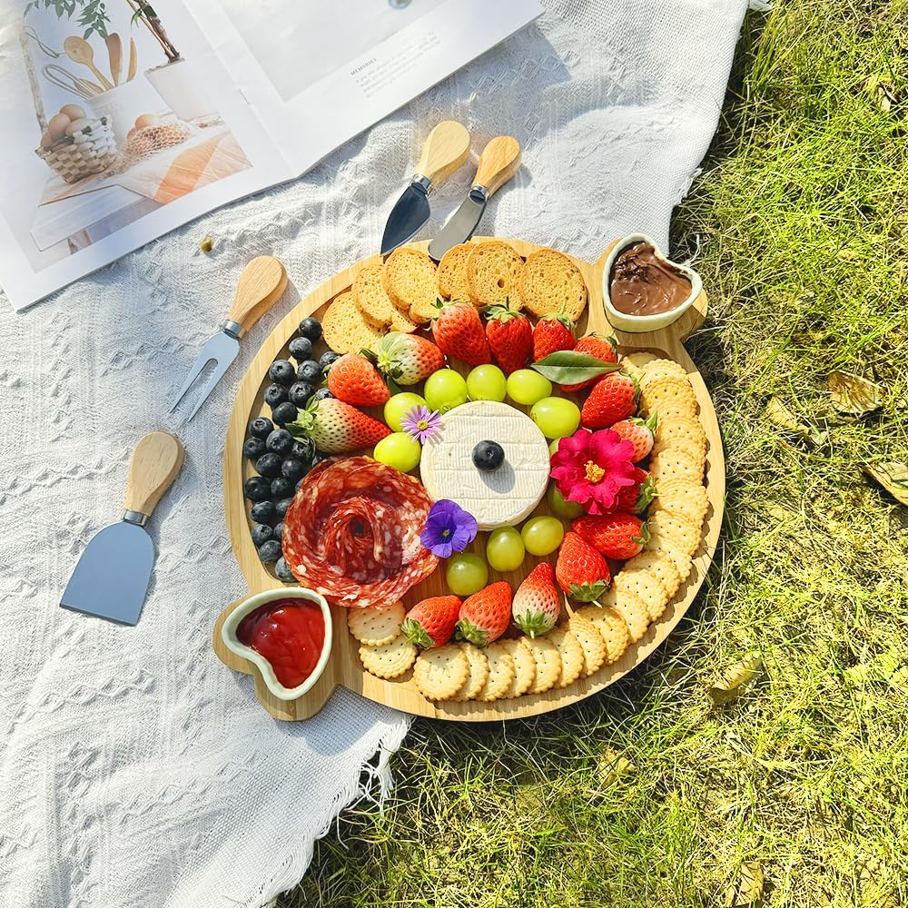 Yonscess Charcuterie Boards Gift Set,Cute Bamboo Cheese Board, Round Charcuterie Board, House Warming Gifts New Home, Wedding & Bridal Shower Gift, Birthday Gift for Women,Mothers Day Gifts for Mom - Image 4