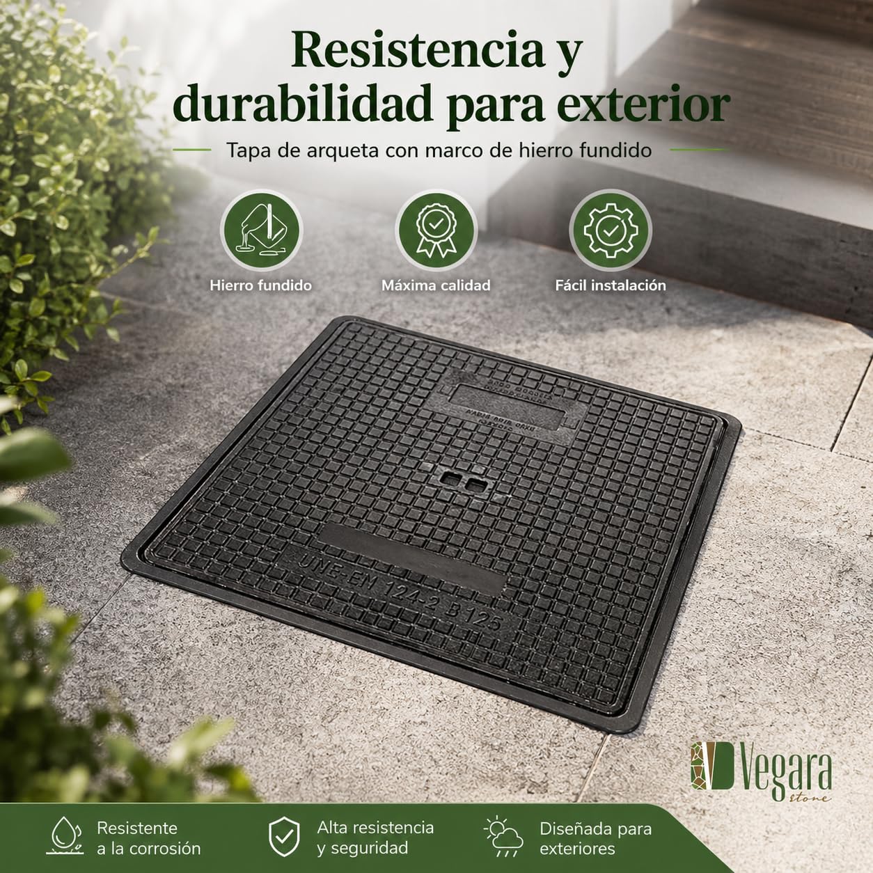 Tapa Arqueta Hierro Fundido 70×70  cm – Clase C250 (Carga máx. 25  toneladas) con Marco, Norma EN124 – Uso Profesional para Vía Pública o Particular