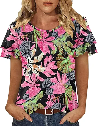 CRAZY GRID Women's Shirts Summer Casual Crewneck Ruffle Short Sleeve Blouses Cute Floral Print Tunic Tops