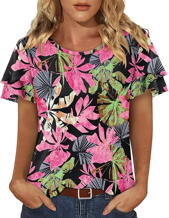 CRAZY GRID Women's Shirts Summer Casual Crewneck Ruffle Short Sleeve Blouses Cute Floral Print Tunic Tops