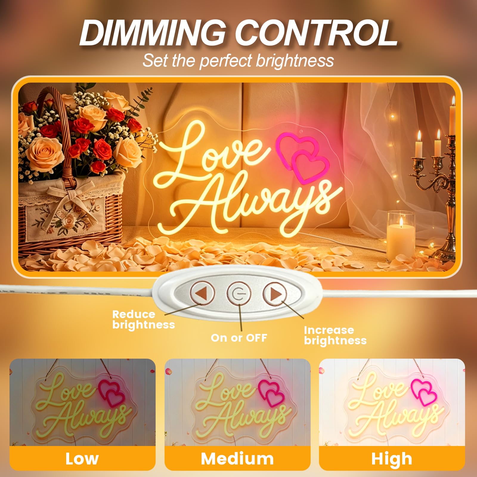 Love Always - Insegna al neon per decorazione da parete, LED dimmerabile Love Always Lights Up, alimentata tramite USB, per proposta di matrimonio, fidanzamento, regali per San Valentino