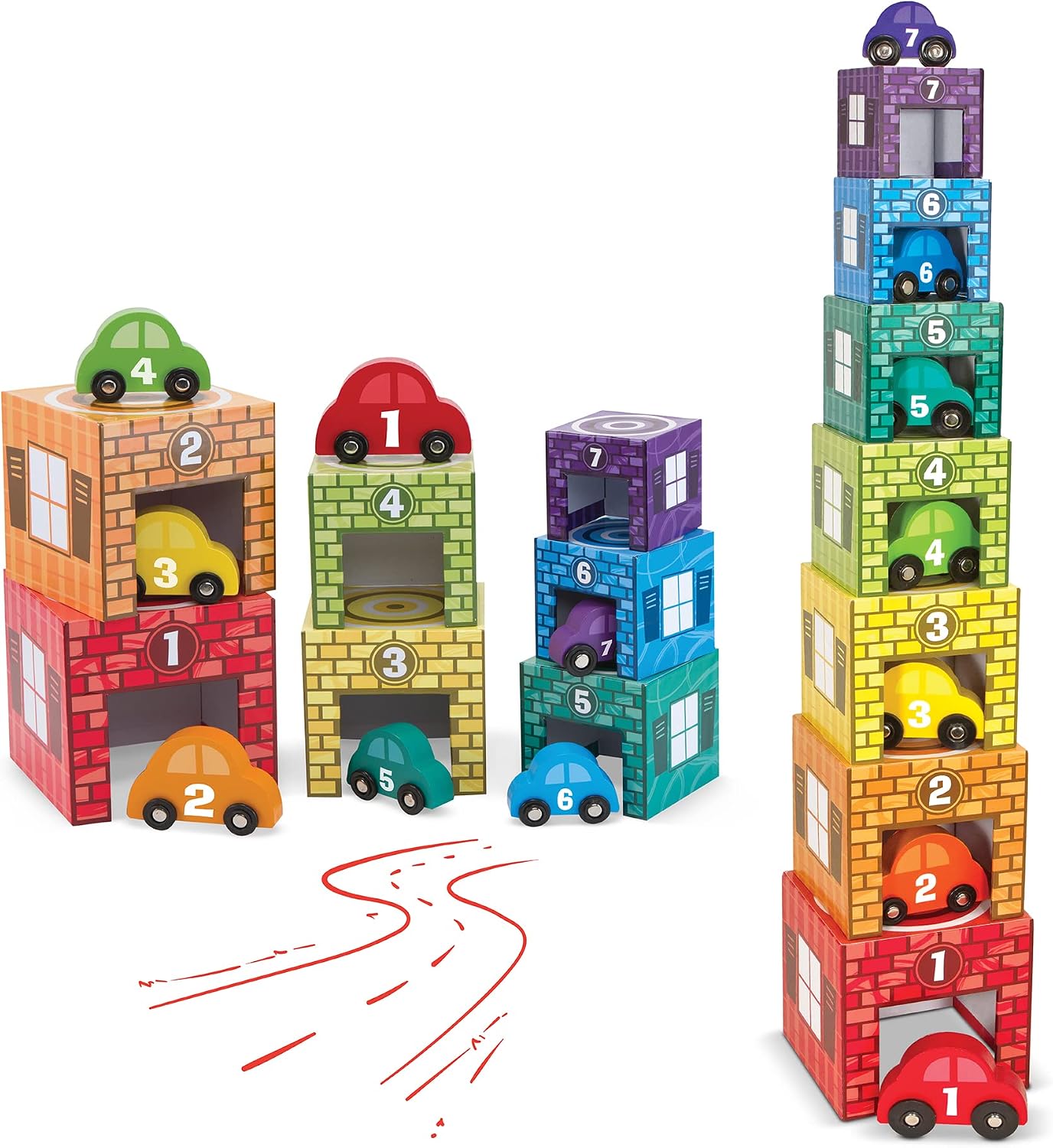 Melissa & Doug Nesting and Sorting Garages and Cars With 7 Graduated Garages and 7 Stackable Wooden Cars - Numbers Learning Toys, Car Garage Toy, Sorting And Stacking Toys For Toddlers Ages 2+