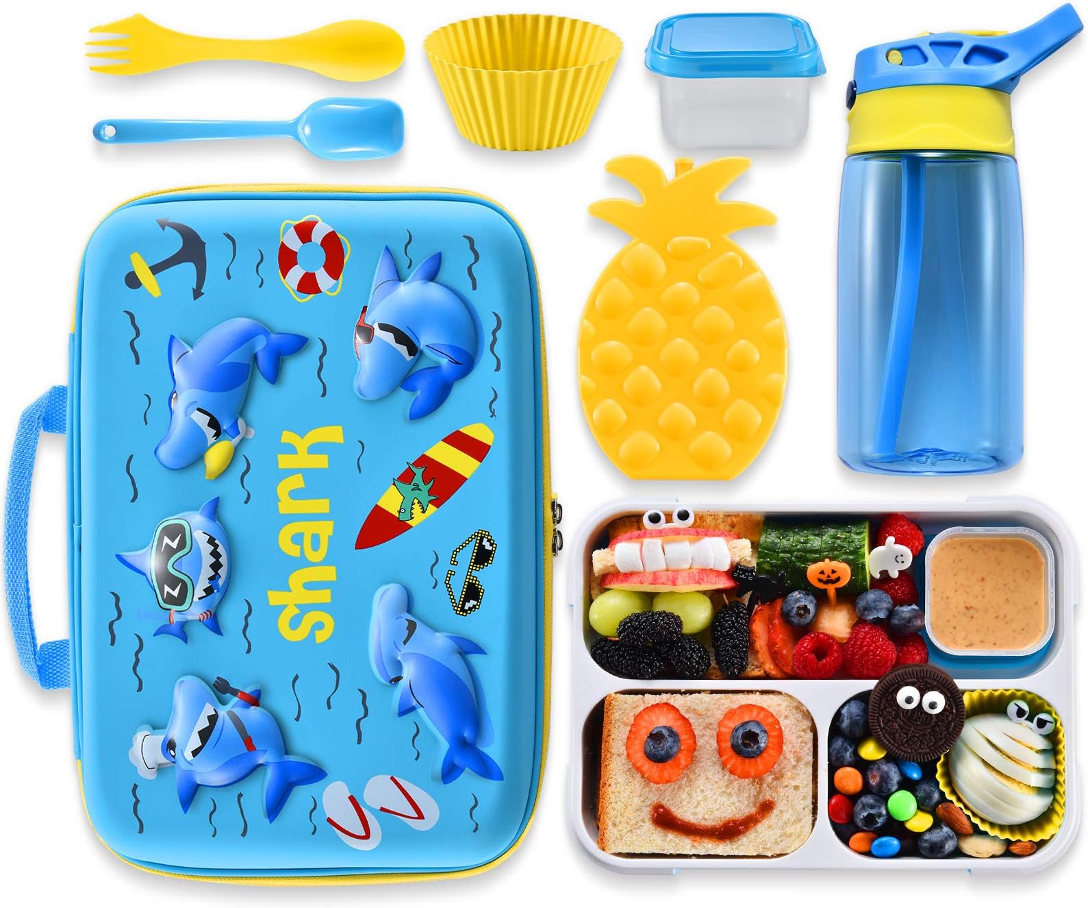 COO&KOOShark Lunch Box Set, Include 3D Insulated Cooler Bag & Leakproof Water Bottle Pineapple Ice Pack Multipurpose Spork Spoon Silicone Cups Salad Box, Great for School Girls or Boys