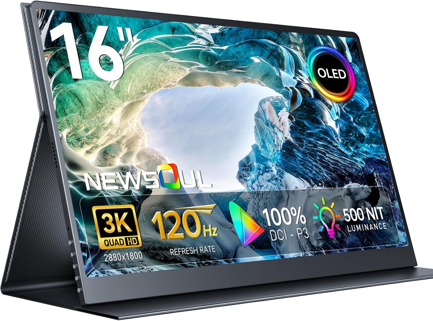 Newsoul Portable OLED Screen 16 Inch 3K 2880x1800 120Hz, 100% DCI-P3, 500 nits, 1ms Response with Mini HDMI & Type-C Port for Laptop PC Phone Xbo Switch