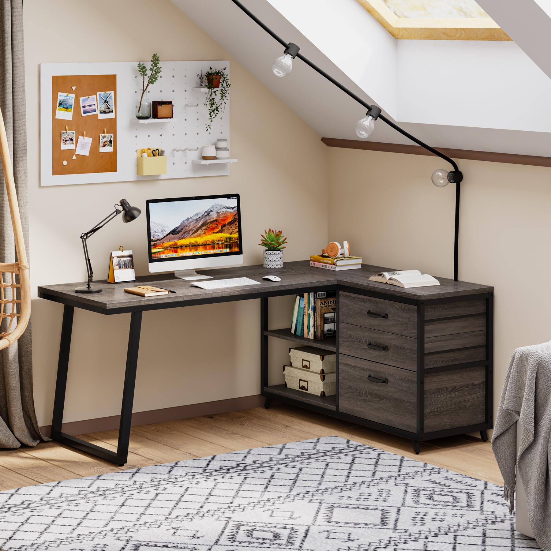 tribesigns l-shaped desk with 3 drawers, reversible corner home office computer desk with shelves, 53-inch industrial pc desk study writing table workstation for small space, grey