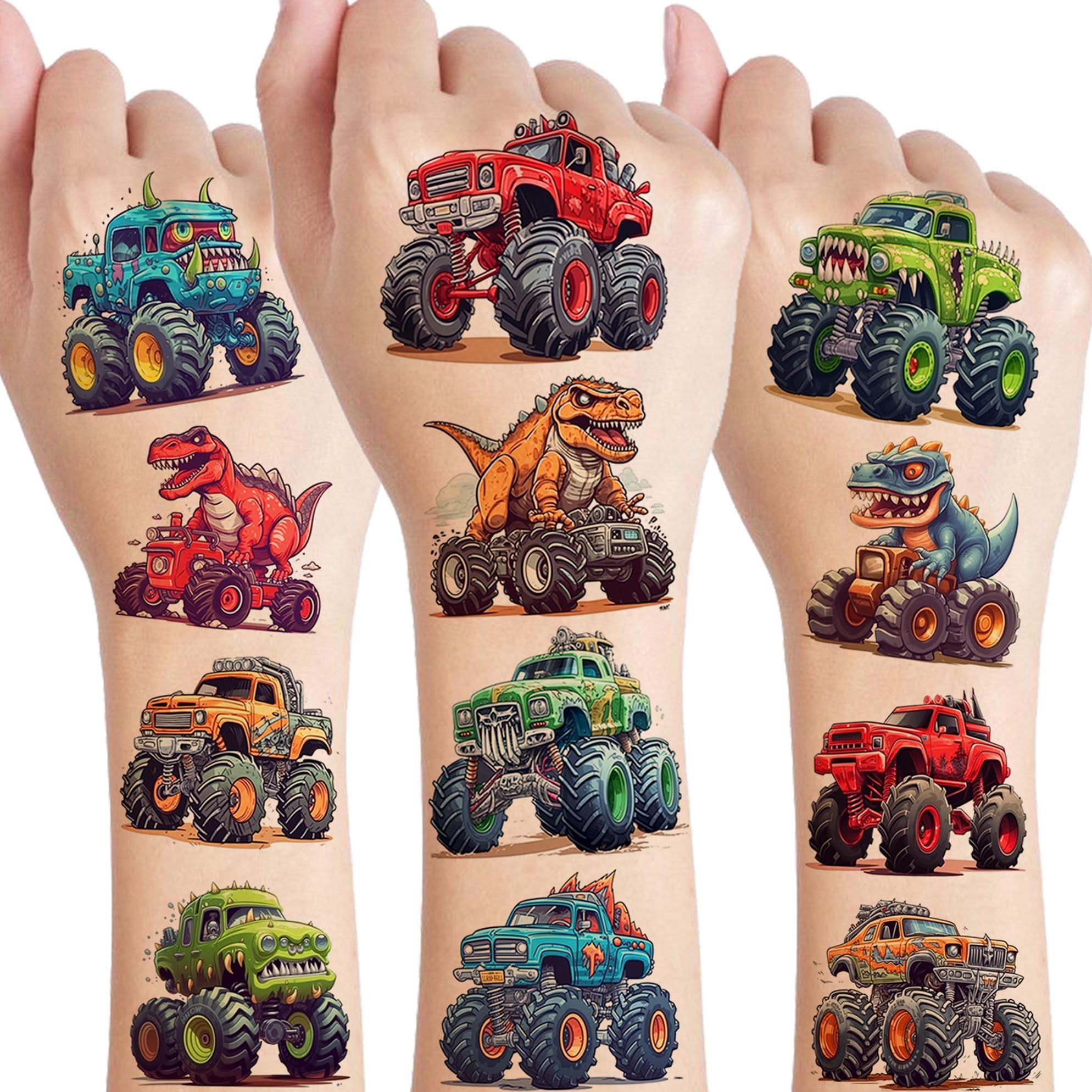 50 PCS 3D Monster Truck Temporary Tattoo for Kids Boys T-Rex Dinosaur Temp Bulk Waterproof Fake Tattoo Stickers Race Car Body Face Arm