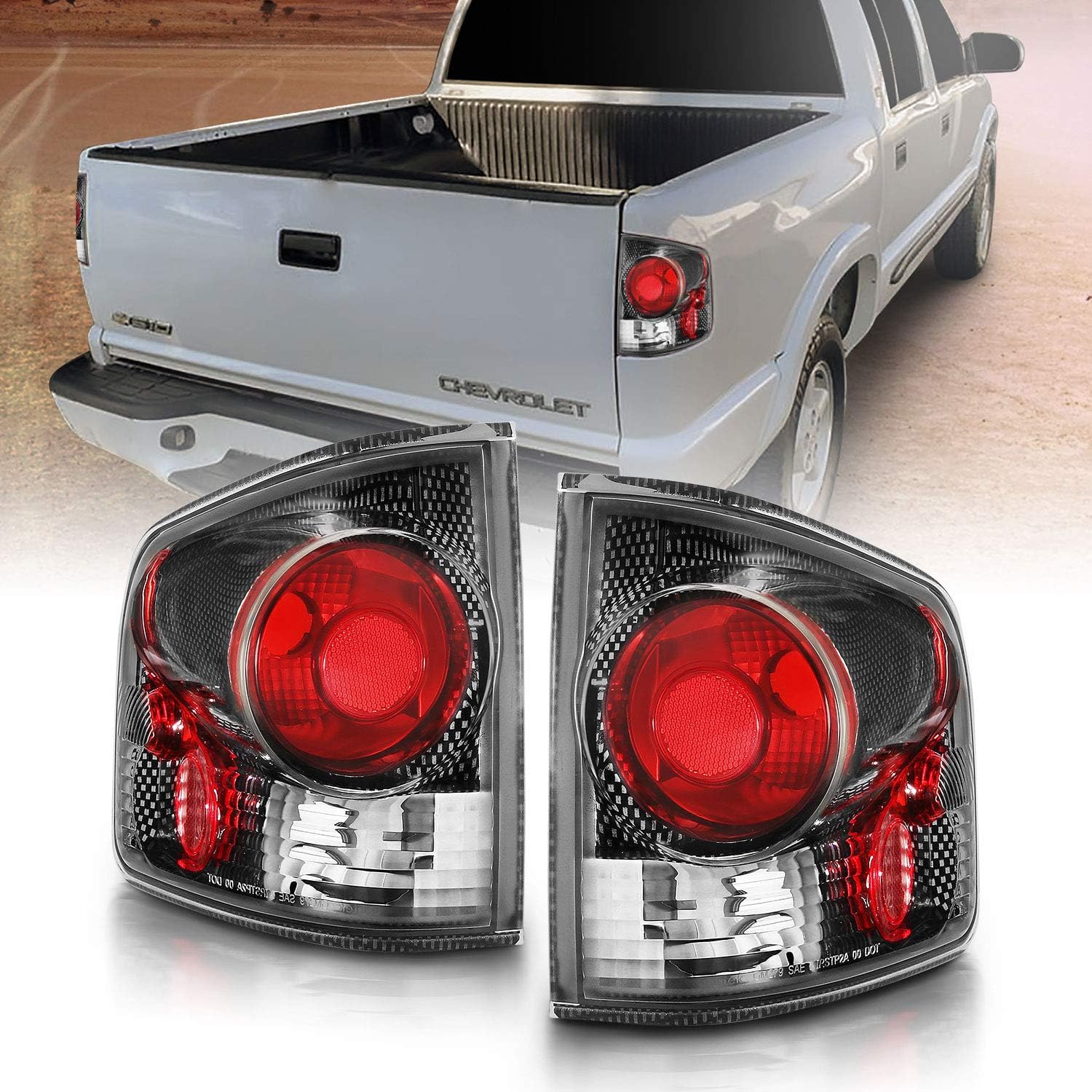 AmeriLite for 94-04 Chevy S-10 / GMC Sonoma Black Replacement Brake Lamp Tail Lights Assembly Set - Passenger and Driver Side