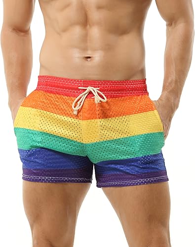 DTODWW Pantalones cortos de entrenamiento para hombre, con diseño de rayas de arco iris, de 3 pulgadas, transpirables, con bolsillos, para gimnasio
