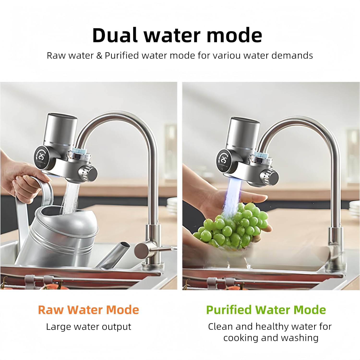 Faucet Water Filter, Tap Water Filter, Dual-Mode Water Purifier with LED Real-Time Water Temperature Display and Two Filters for Kitchen Sink Faucet Lead Removal, Easy to Install