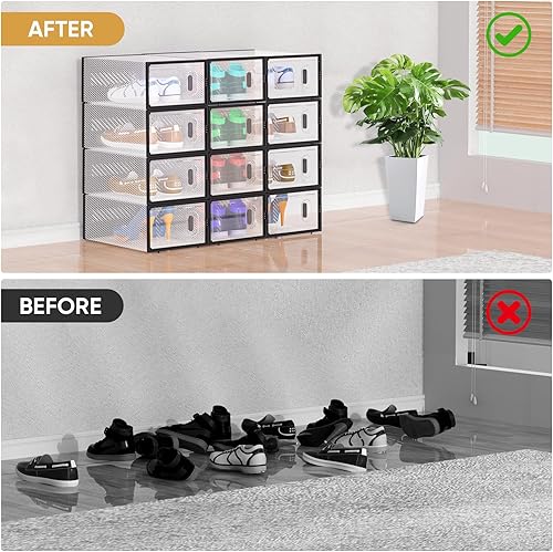 Miniatura 7 de BALEINE Paquete de 3 cajas apilables de almacenamiento de zapatos para tamaño 9, contenedores transparentes gruesos con tapas, organizador plegable