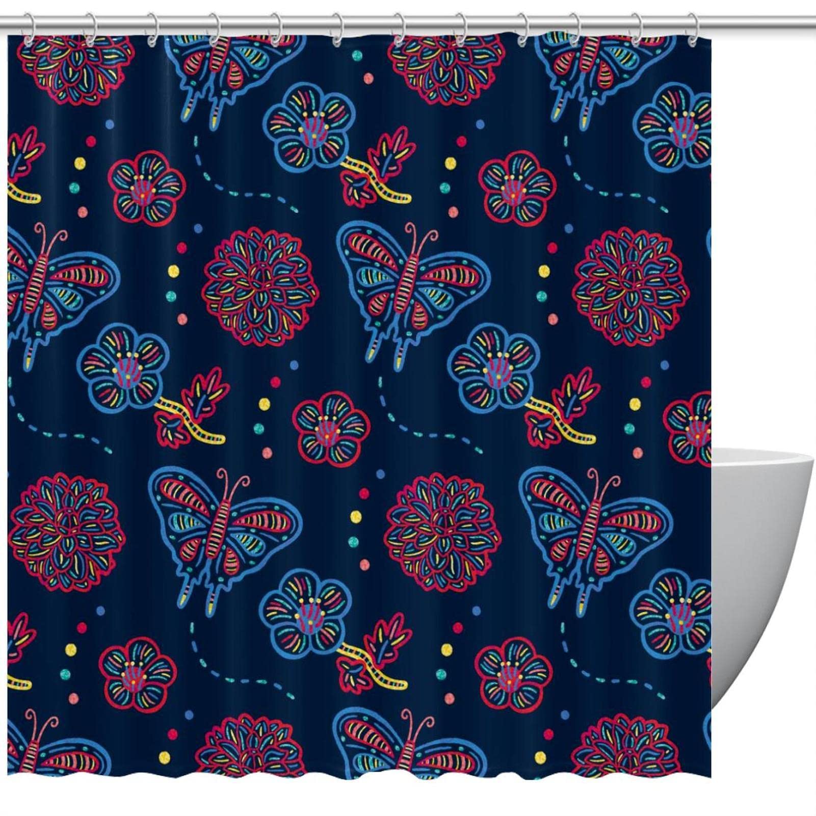 Rideau de douche bleu marine aux fleurs rouges et papillons de 183 cm